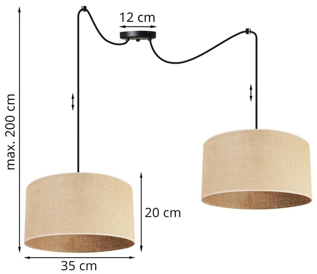 Závesné svietidlo Juta Spider, 2x jutové tienidlo, (výber z 2 farieb konštrukcie), (fi 35cm)