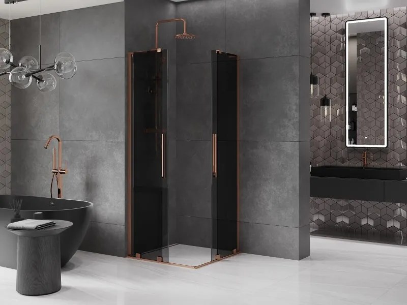 Mexen Velar L Duo, sprchový kút s posuvnými dverami 100 x 100 cm, 8mm šedé sklo, ružové zlato, 871-100-100-02-43-60