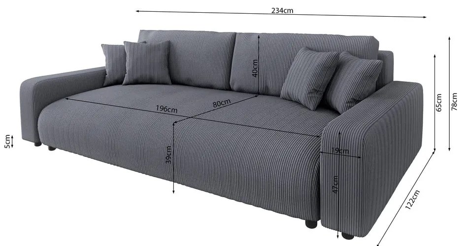 Tmavosivá menčestrová rozkladacia/s úložným priestorom pohovka 234 cm Sara – Ropez