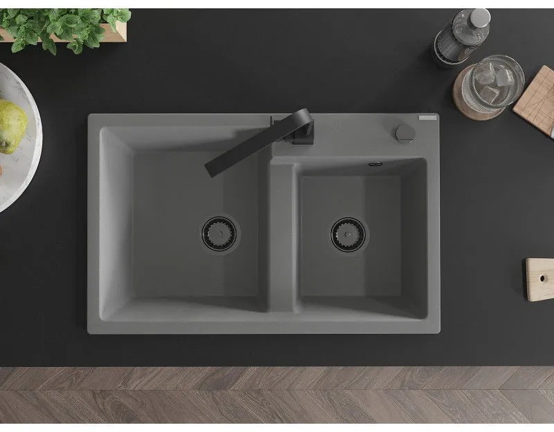 Mexen Tomas, granitový drez 800x500x190 mm, 2-komorový a čierna batéria Rita, šedá, 6516-71-670300-70-B