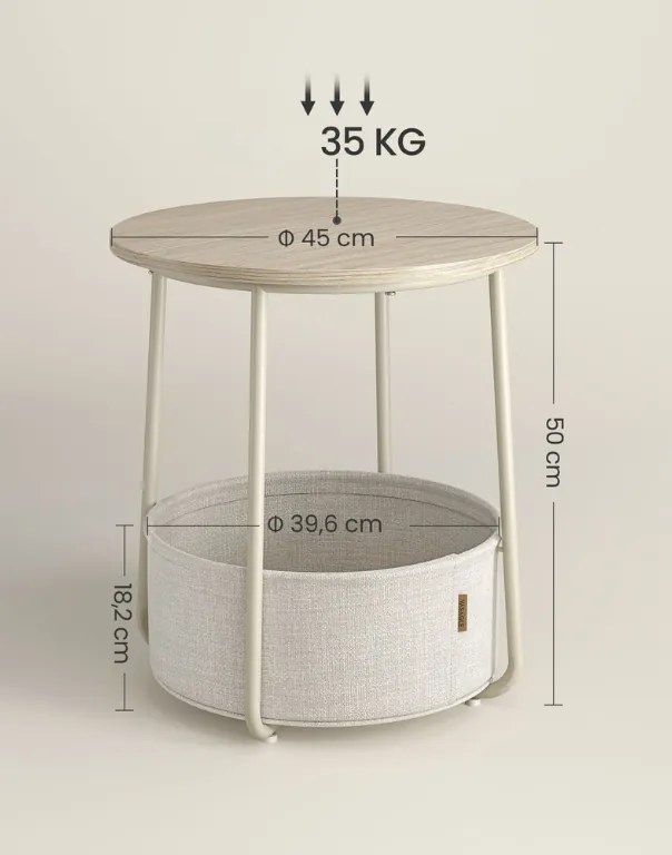 Krémový príručný stolík s odkladacím košom SALMA Ø 45 cm