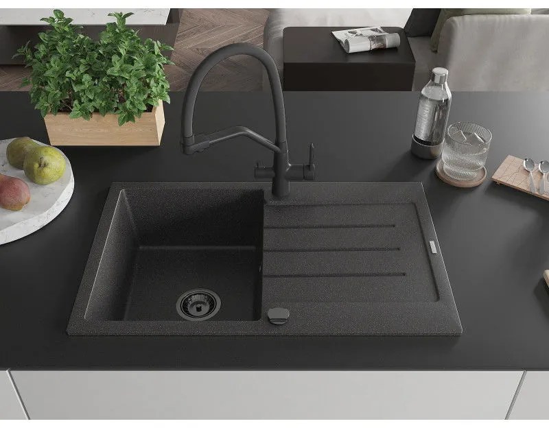 Mexen Bruno, 1-komorový granitový drez 795x495x200 mm a drezová batéria Duo, čierna škvrnitá, 6513-76-671701-70-B