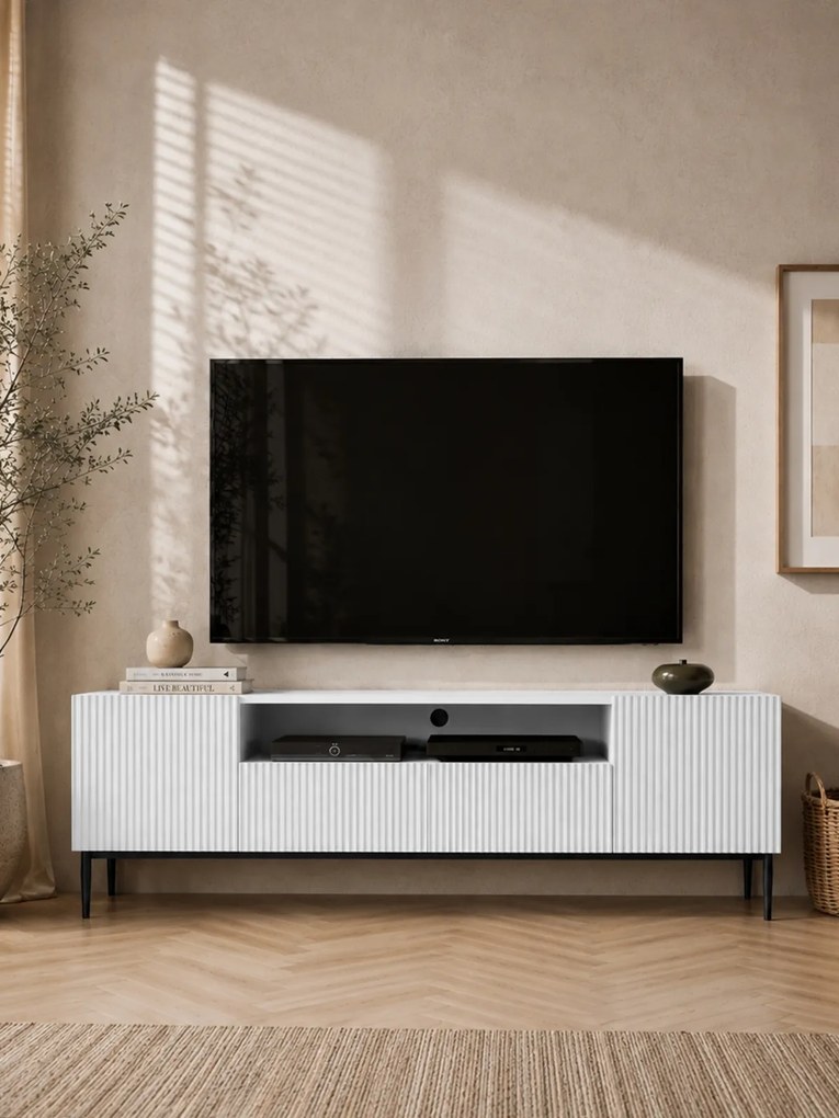 TV stolík Nicole 200 cm s otvorenou policou - biely mat / čierna