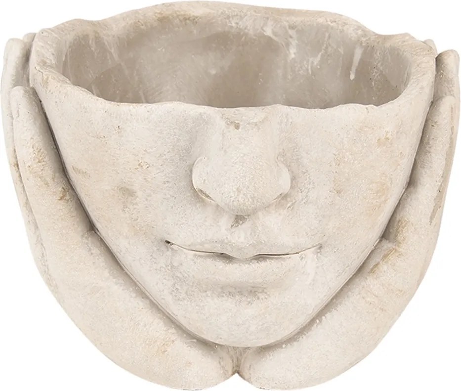 Béžový cementový kvetináč hlava ženy v dlaniach S - 17*17*11 cm