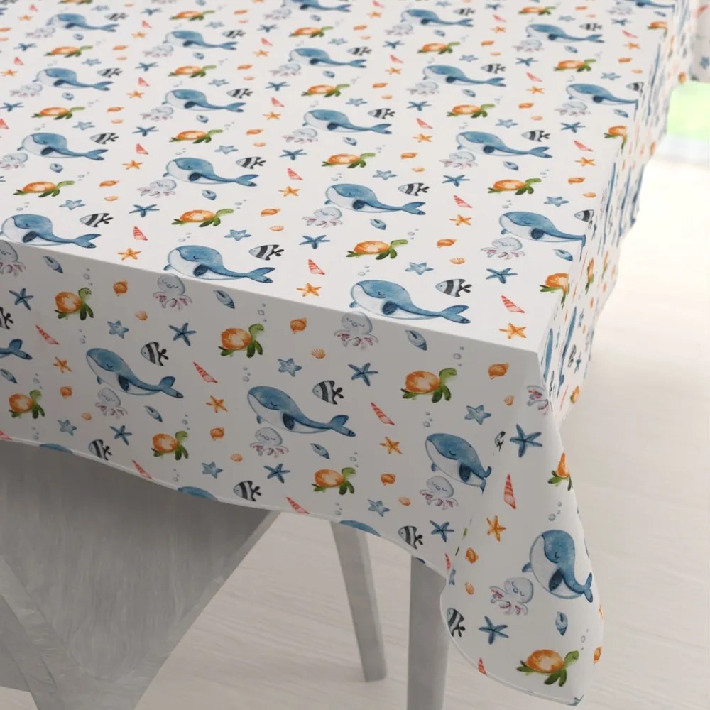 Biante Detský bavlnený obdĺžnikový obrus Sandra SA-660 Modré veľryby a morské zvieratká na bielom 50x100 cm