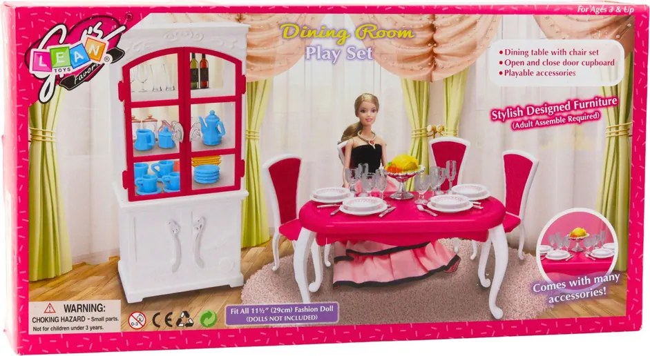 LEAN Toys Jedálenská súprava pre bábiky: stôl, stoličky, skrinka na riad