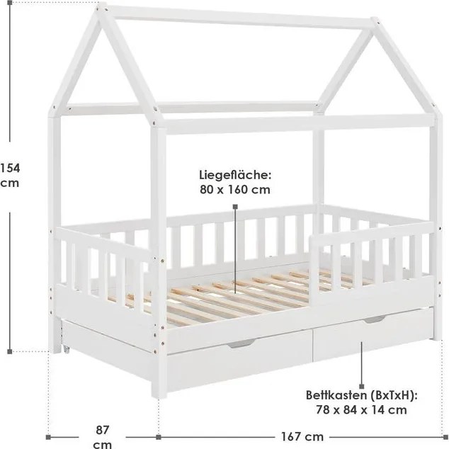 Detská posteľ 160x80, biela s roštom, zábranou a šuplíky