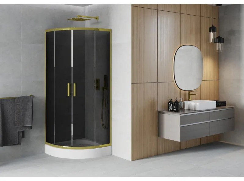 Mexen Rio, štvrťkruhový sprchovací kút s posuvnými dverami 80(dvere) x 80(dvere) x 190 cm, 6mm šedé sklo, zlatý profil + biela sprchová vanička RIO, 863-080-080-50-0-4710