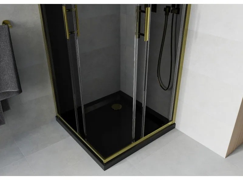 Mexen Rio, štvorcový sprchovací kút s posuvnými dverami 80(dvere) x 80(dvere) x 190 cm, 6mm šedé sklo, zlatý profil + čierna sprchová vanička SLIM, 860-080-080-50-40-4070G