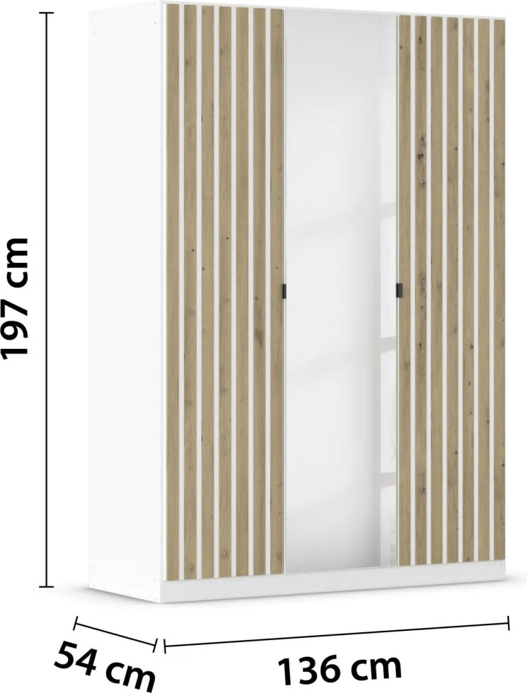 Šatníková skriňa so zrkadlom Genua, 136 cm, biela/dub artisan