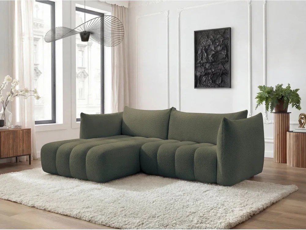 Zelená rohová pohovka z textílie buklé (ľavý roh/s leňoškou) Azra – Bobochic Paris