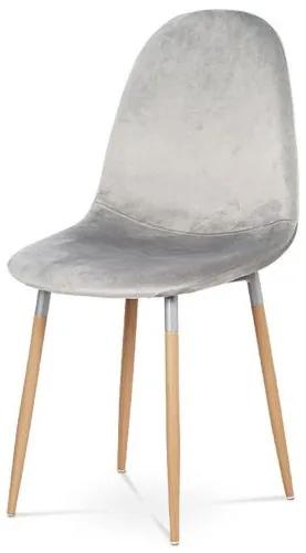 Retro jedálenská stolička čalúnená jemnou zamatovou látkou striebornej farby