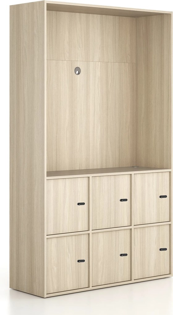 Kancelárska skriňa FRAME, 6x dvere, priestor pre TV, 1299 x 450 x 2162 mm, mechanický kódový zámok, dub prírodný