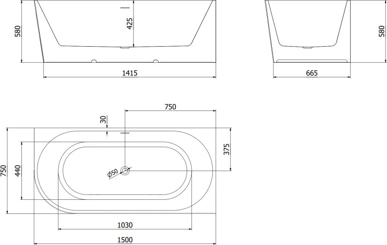 Mexen Silo, rohová voľne stojaca ryhovaná vaňa, pravá, 150 x 75 cm, biela-čierna, medený matný prepad, 52891507575P-65