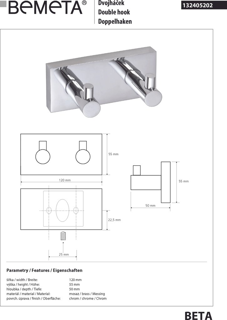 Bemeta Design BETA: Vešiak, so 2 háčikmi - 132405202