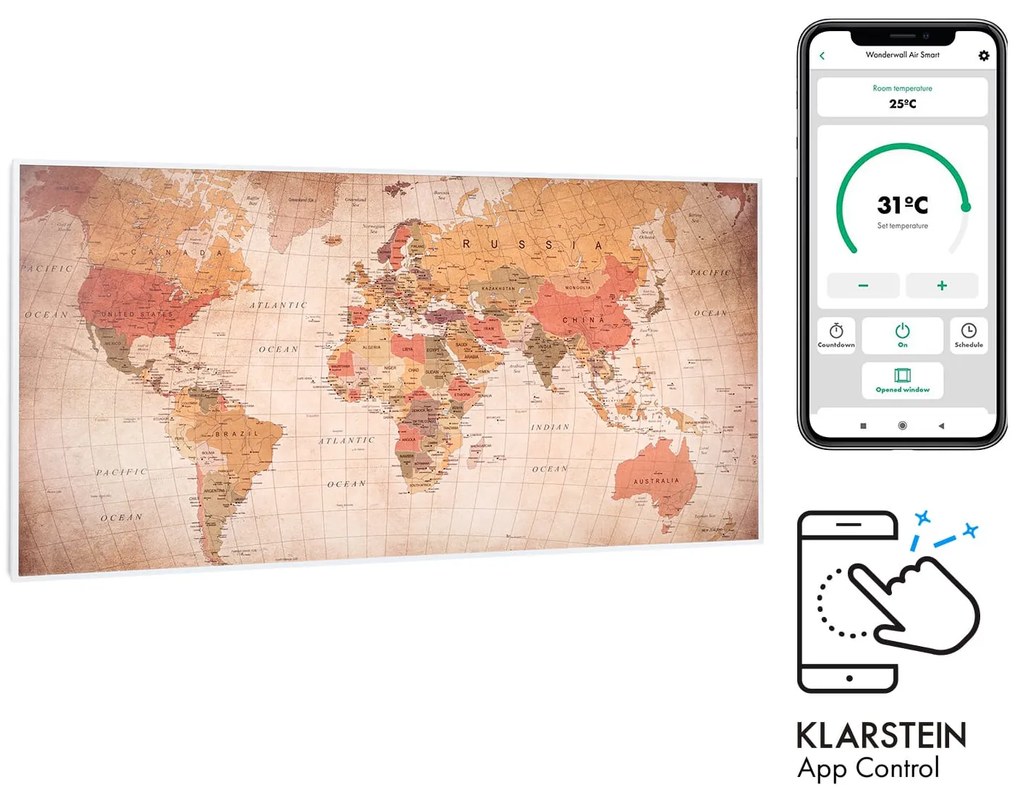 Klarstein Wonderwall Air Art Smart, infračervený ohrievač, 120 x 60 cm, 700 W, aplikácia, svet