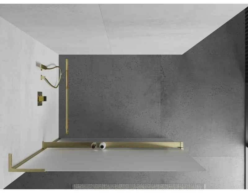 Mexen Kioto+ L, sprchová zástena Walk-In s poličkou a vešiakom 70 x 200 cm, 8mm sklo námraza, zlatý matný profil, 800-070-123-55-30