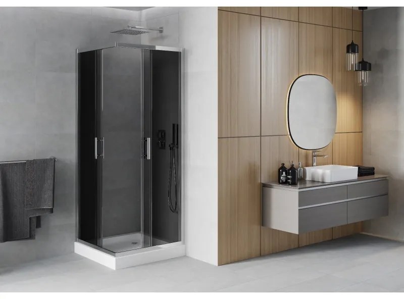 Mexen Rio, štvorcový sprchovací kút s posuvnými dverami 70 x 70 cm, 6mm šedé sklo, chrómový profil + biela vysoká vanička Rio, 860-070-070-01-40-4510