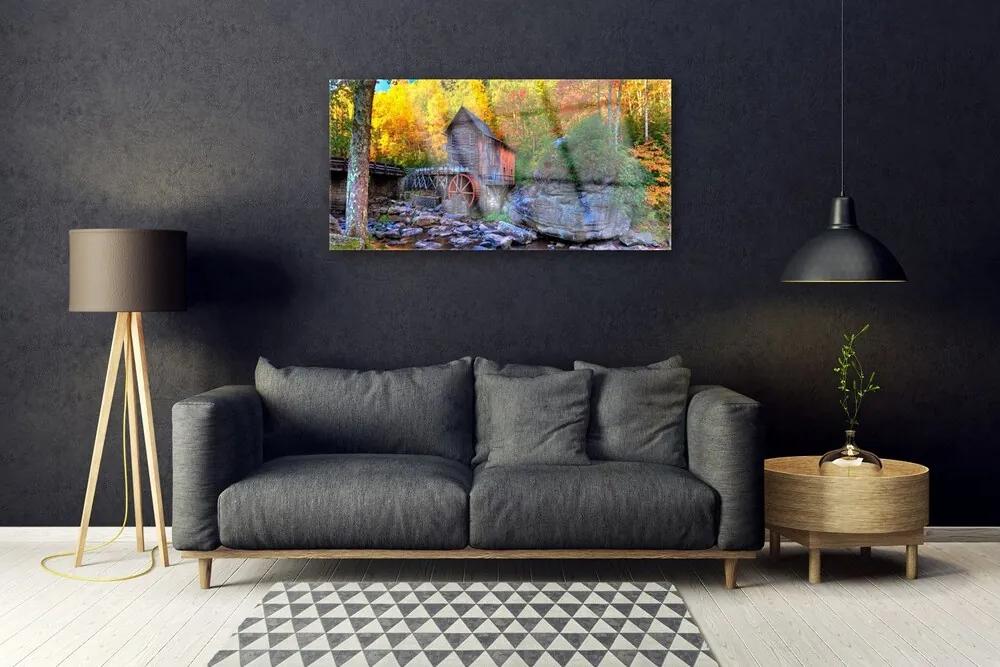 Skleneny obraz Vodné mlyn jesenné les 125x50 cm