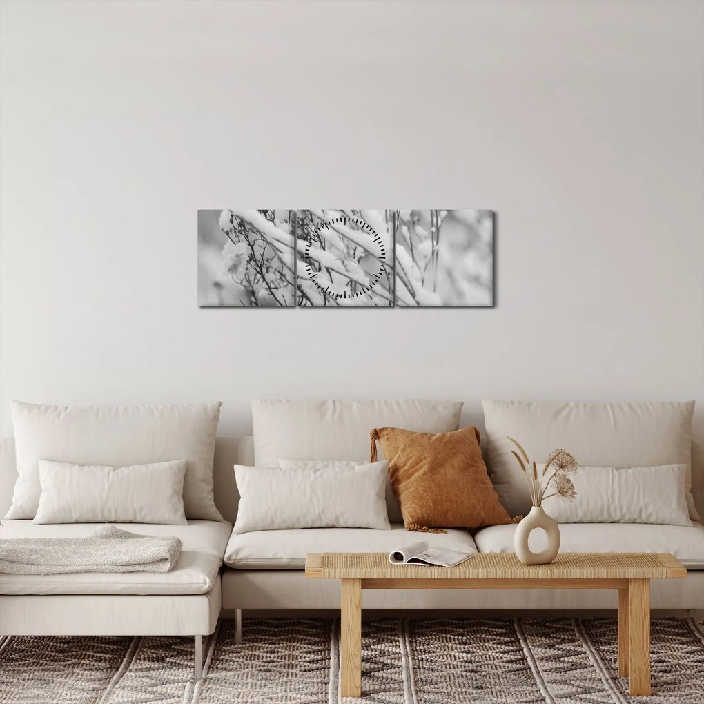 Obraz - Zasnežené vetvy (s hodinami) (90x30 cm)