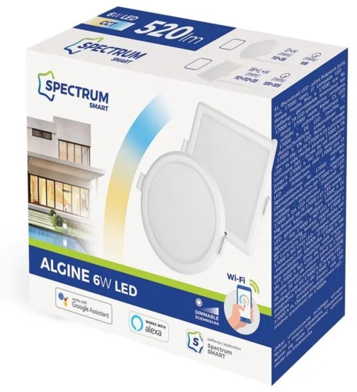 Zapustený štvorcový LED panel 6W CCT ALGINE SPECTRUM Smart TUYA WiFi Stmievateľný