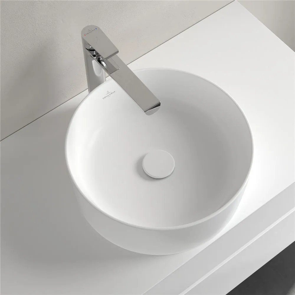 VILLEROY &amp; BOCH Collaro okrúhle umývadlo na dosku bez otvoru, bez prepadu, priemer 400 mm, Stone White, s povrchom CeramicPlus, 4A1840RW