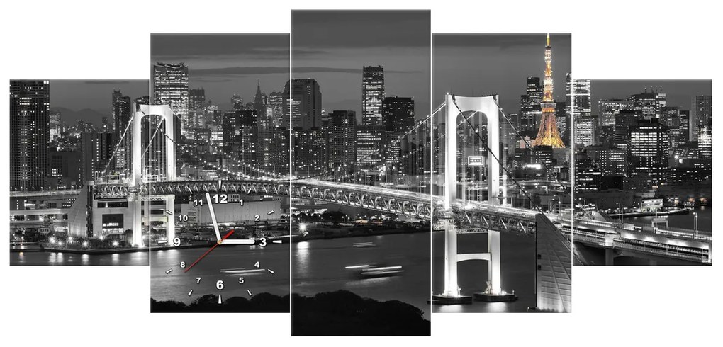 Gario Obraz s hodinami Most Tokyo Bay - 5 dielny Rozmery: 150 x 70 cm