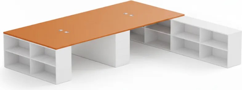 Kancelárska zostava stolov BLOCK B05, 4 miesta s úložným priestorom, 360 × 320 cm, biela/oranžová