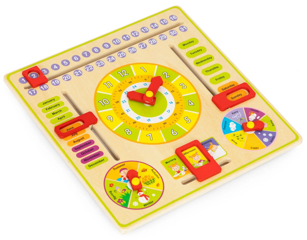 Drevená edukatívna manipulačná tabuľa, kalendár s hodinami, ECOTOYS