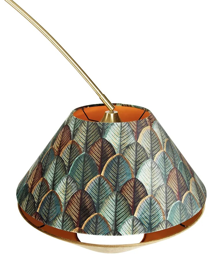 Mosadzná oblúková lampa s bielym dvojitým zamatovým tienidlom s listovým dizajnom a béžovou farbou - XXL