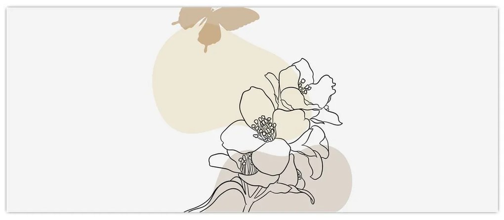 Obraz - Béžové kvety s motýľom N⁰3 (120x50 cm)