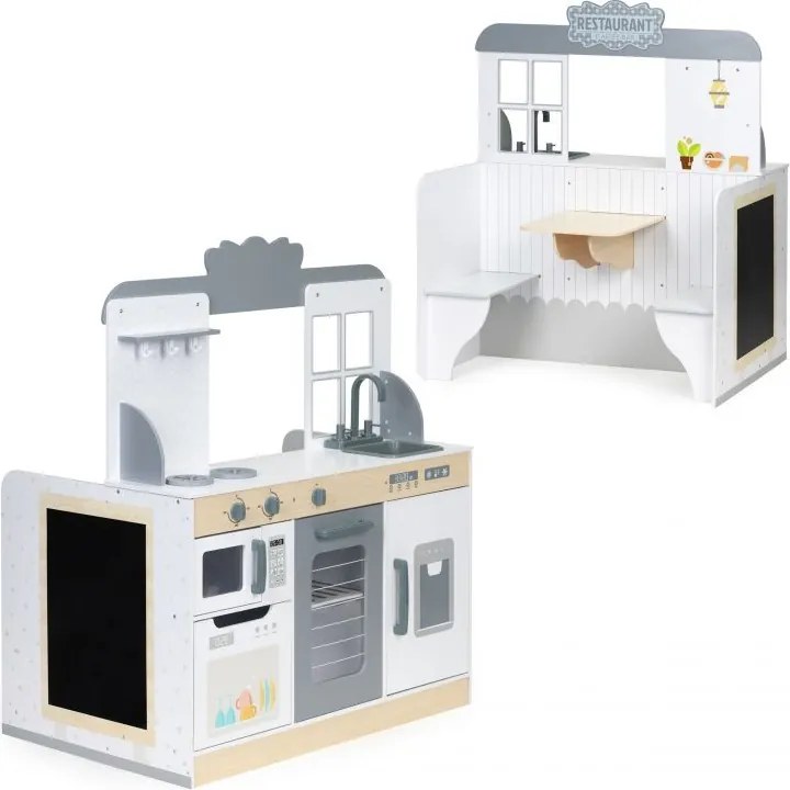 Drevená kuchynka pre deti so stolikom a stoličkami v štýle reštaurácie