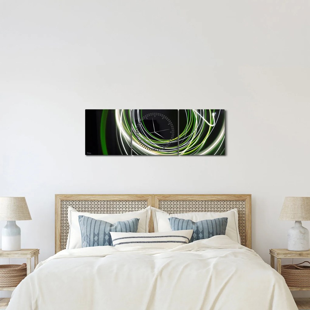 Obraz zelených čiar (s hodinami) (90x30 cm)