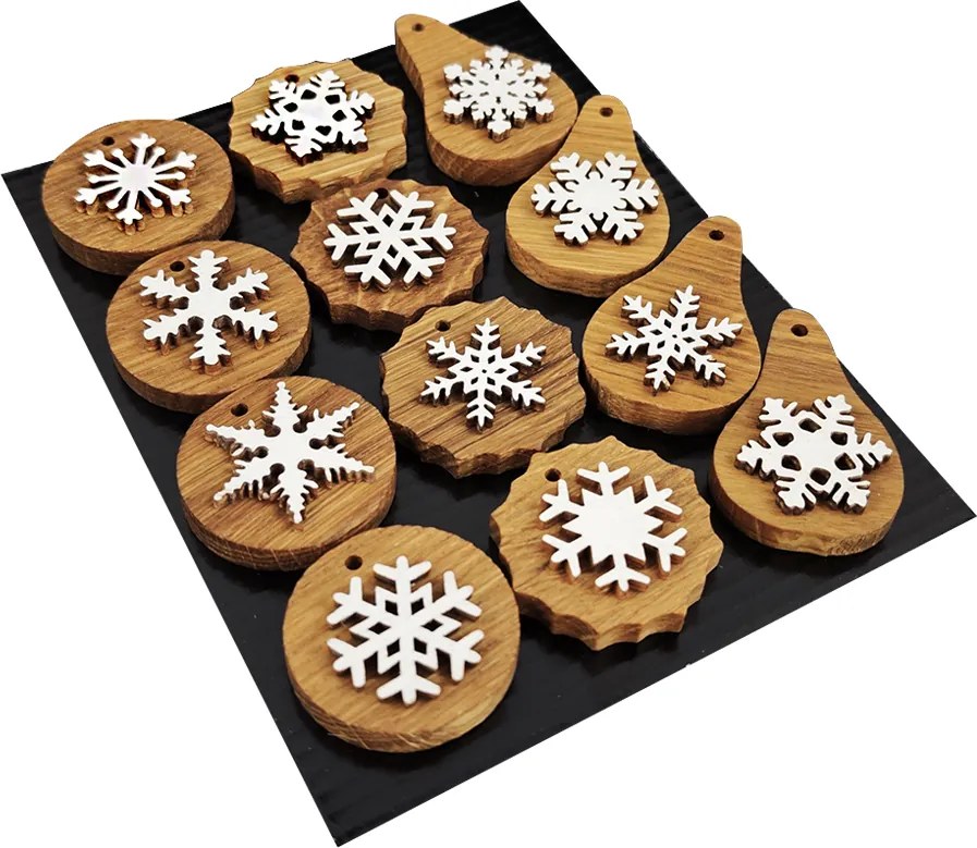 AMADEA Drevené ozdoby z masívu s vločkou, 12 ks - MIX druhov v sáčku, 3 cm