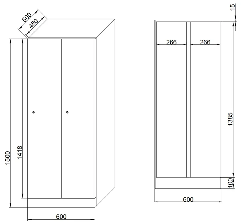 Šatníková skrinka s lavičkou, 2 oddiely, 1875 x 600 x 500/800 mm, zámok s čítačkou RFID kariet, zelené dvere
