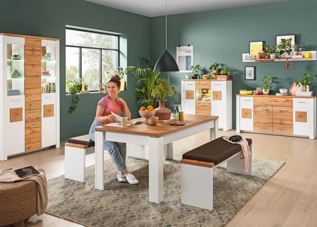 Široká vitrína s osvetlením Matera,starý dub/biela