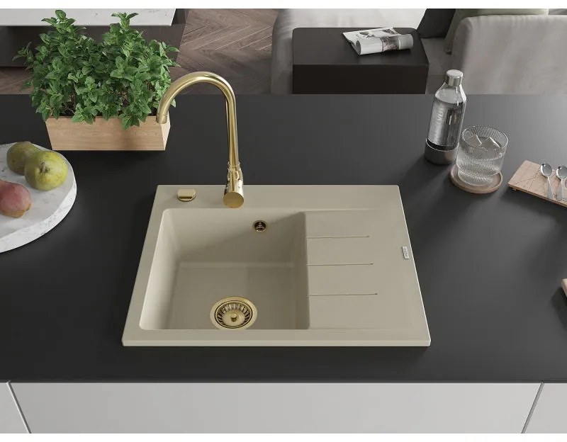 Mexen Ben, 1-komorový granitový drez 600x500x190 mm, ľavý + zlatý sifón, béžová, 6522605000-69-G