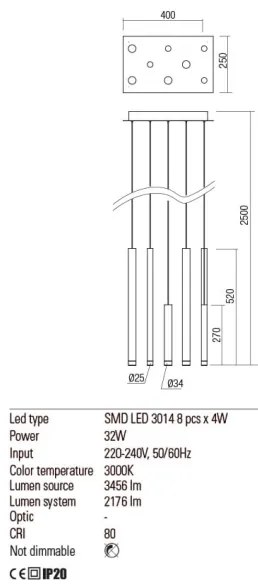 Redo 01-2047 - LED Luster na lanku MADISON 8xLED/4W/230V meď