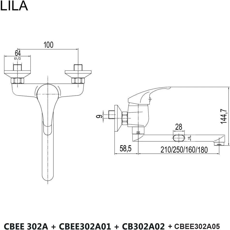 Mereo, Mereo Drezová nástenná batéria, Lila, 100 mm, s ramienkom plochým rovným 180 mm, chróm, MER-CBEE302A05