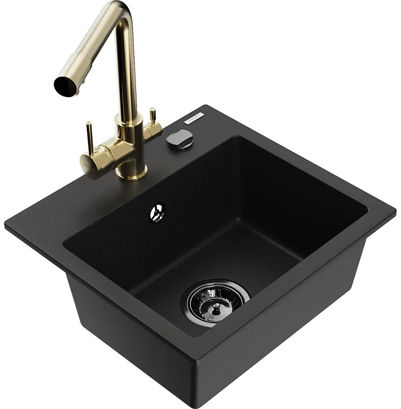 Mexen Milo, granitový drez 435x410x171 mm, 1-komorový a zlatá batéria Duero, čierna, 6505-77-671600-50-B