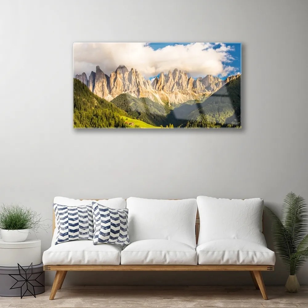 Skleneny obraz Vrcholy hor mraky lesy lúka 120x60 cm