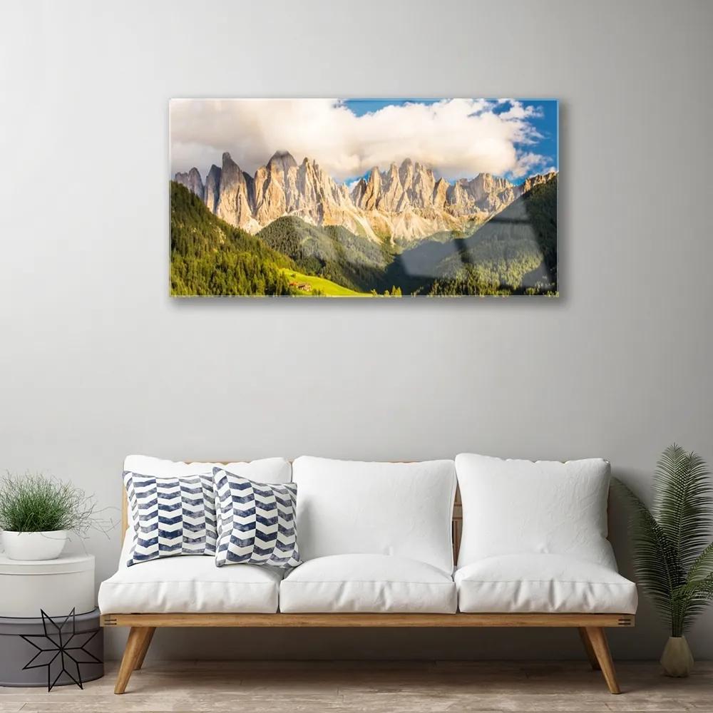 Skleneny obraz Vrcholy hor mraky lesy lúka 125x50 cm