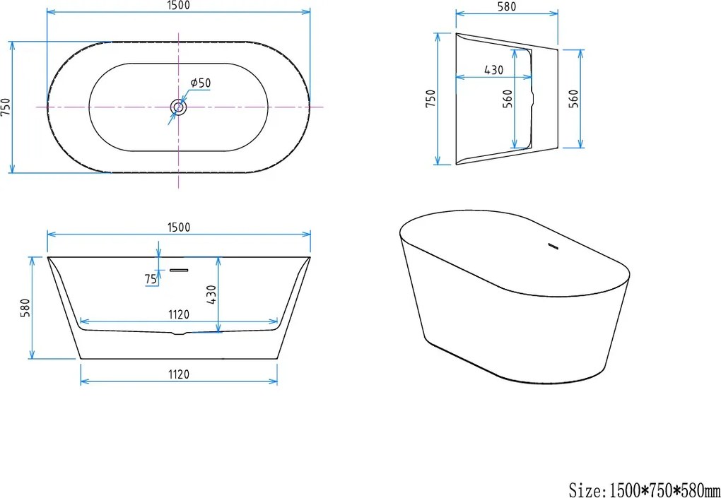 Erga Rhea, voľne stojaca vaňa 150x75 cm + odtoková zátka, biela lesklá, ERG-RHEA-150075-WH-WH
