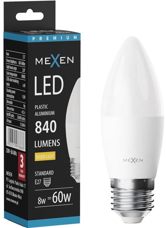 Mexen Nova, LED žiarovka E27, C37, 5W, Teplá - 3000K, 525 lm - L102-E27-0530-01