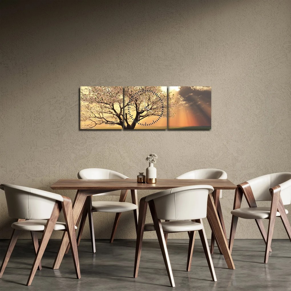 Obraz stromu na lúke (s hodinami) (90x30 cm)