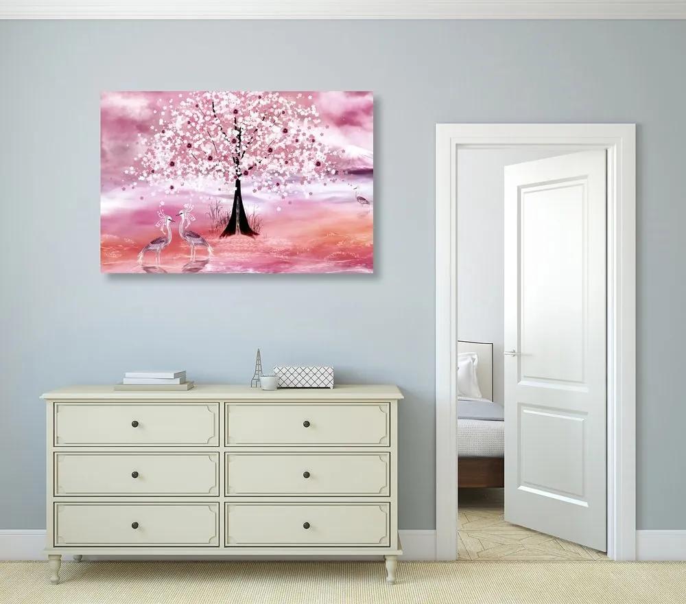 Obraz volavky pod magickým stromom v ružovom prevedení - 90x60