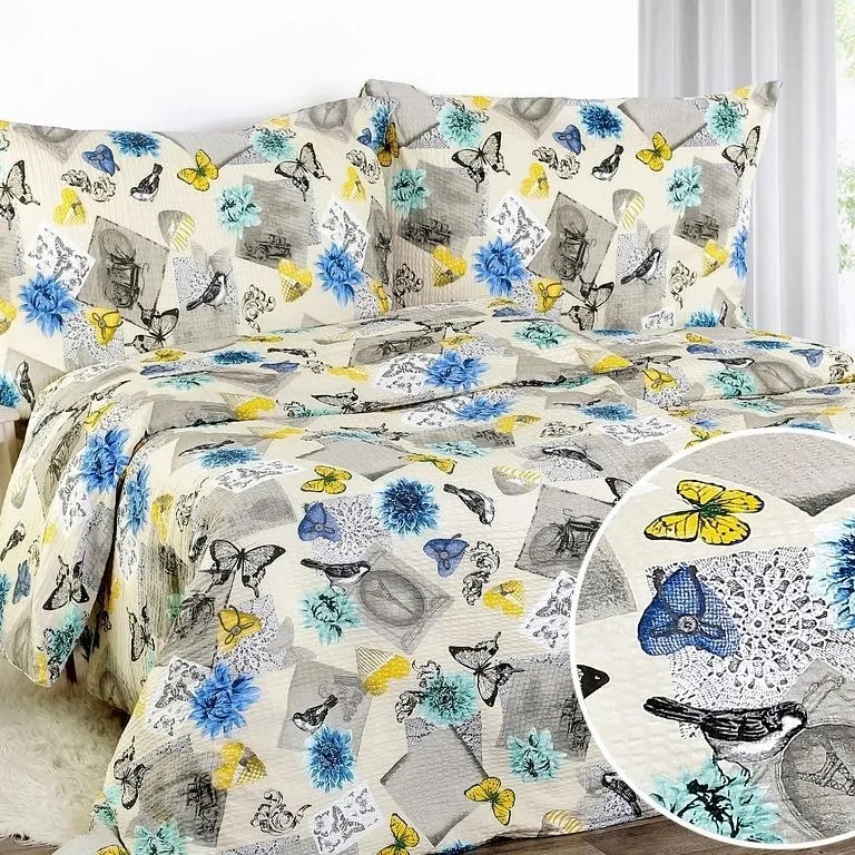Goldea krepové posteľné obliečky - vzor 814 tyrkysové a modré kvety 140 x 200 a 70 x 90 cm