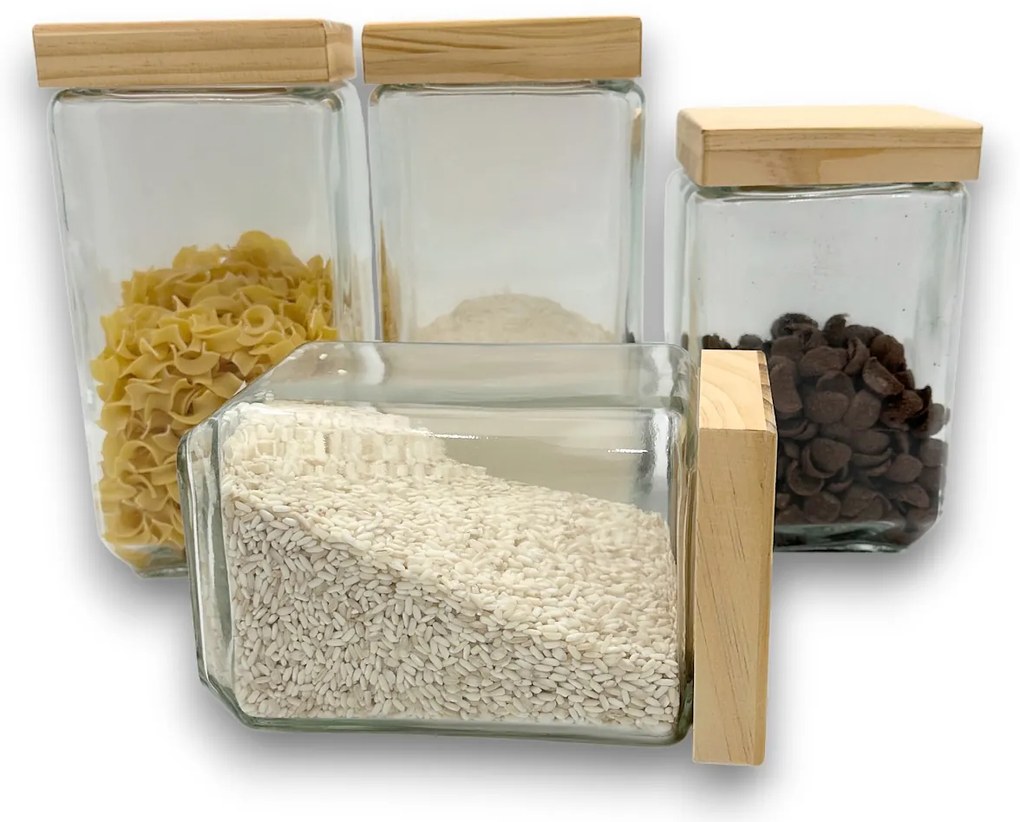 5Five® Sklenená bytelná dóza hranatá s dreveným vekom, 1,7l KWADR