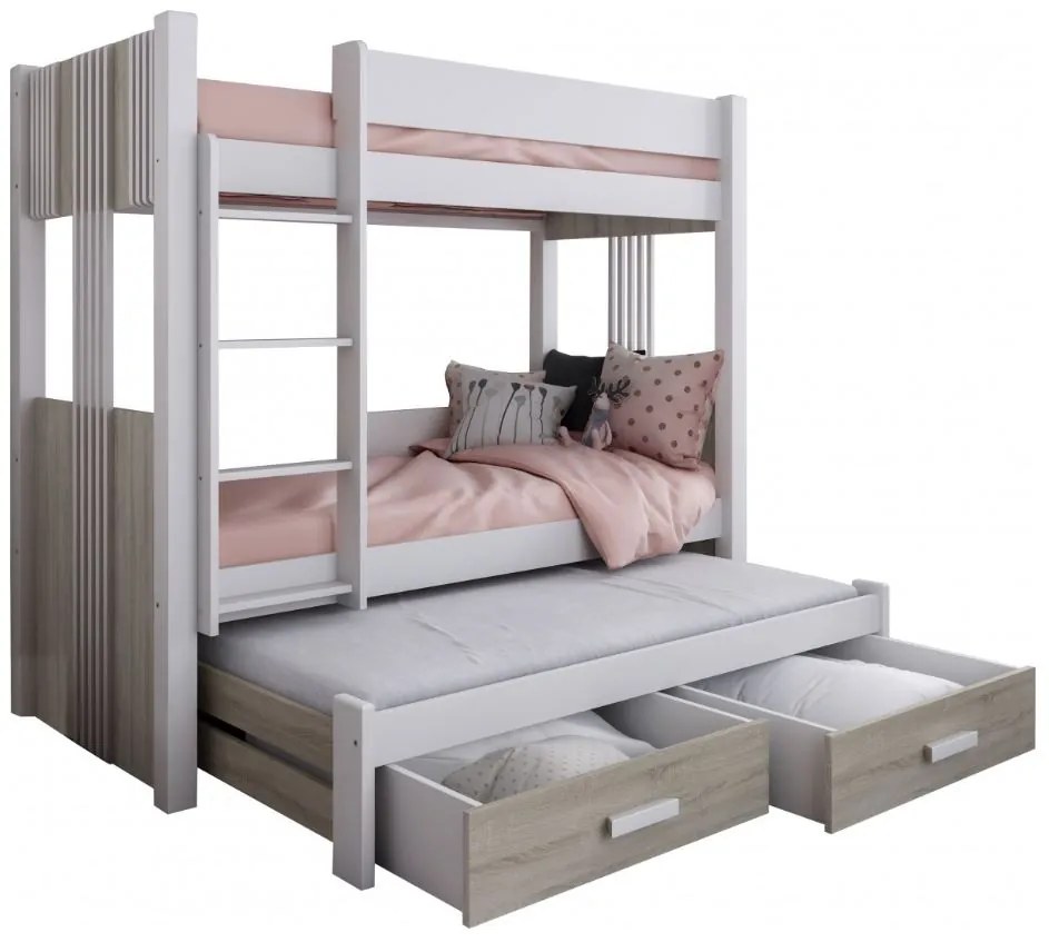 Detská poschodová posteľ z masívu borovice ARTEN III s prístelkou a šuplíky - 200x90 cm - biela/dub sonoma