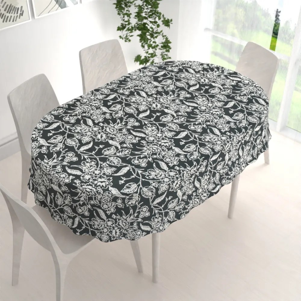 Biante Dekoračný oválny obrus PML-105 Biele kvety na čiernom 140x220 cm